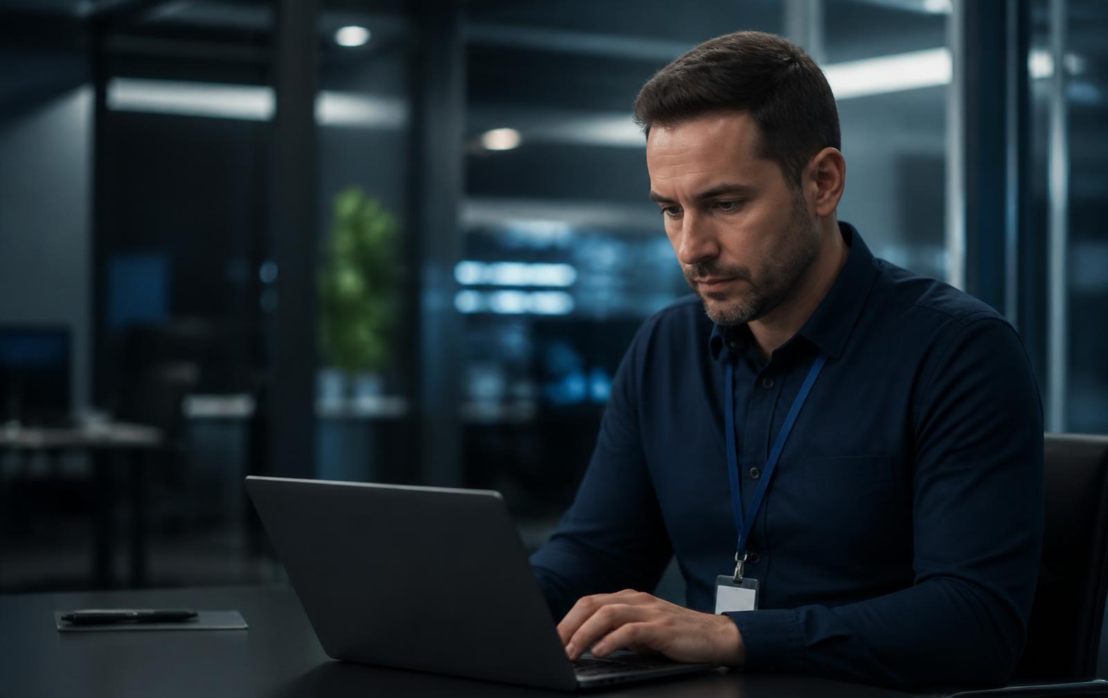 Administrator reviewing user access permissions on a laptop in a quiet office