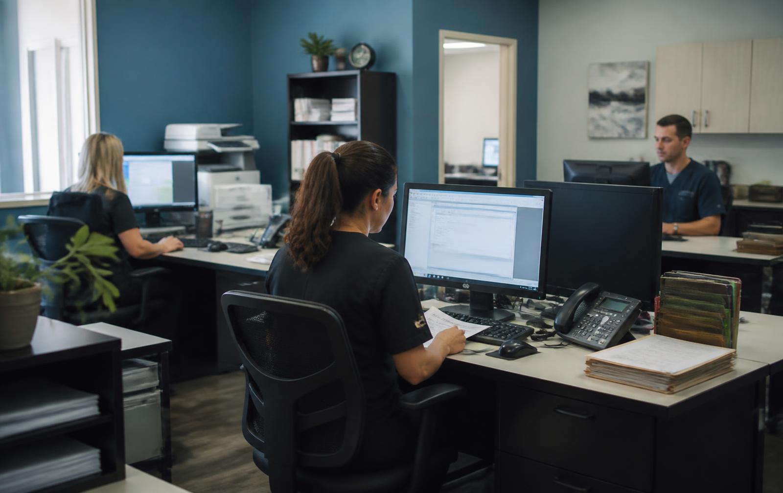 Healthcare administration back office with staff coordinating tasks at their desks