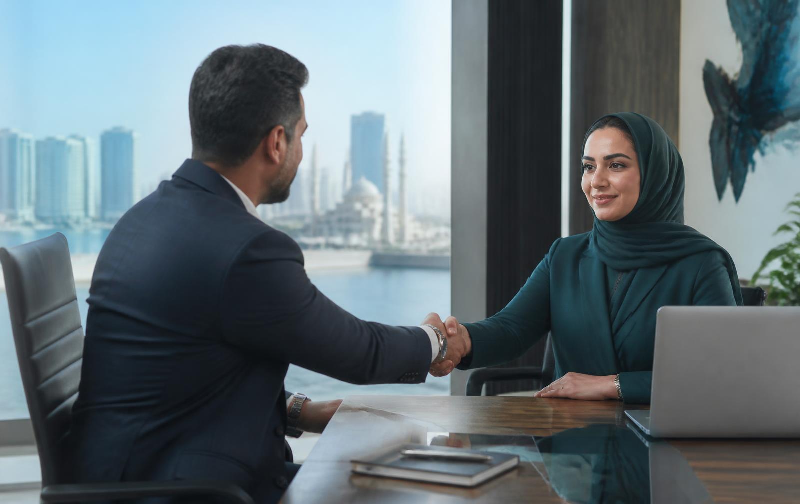 Two business people meeting across a table in a Sharjah office