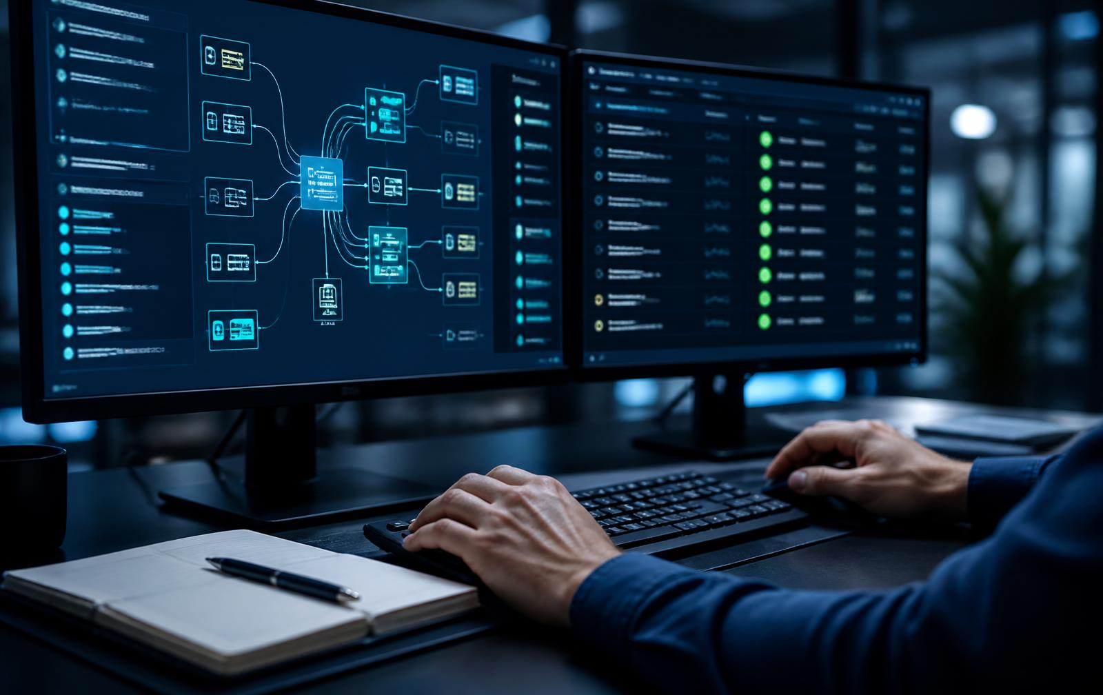 Engineer reviewing an integration map and connection status list on two monitors