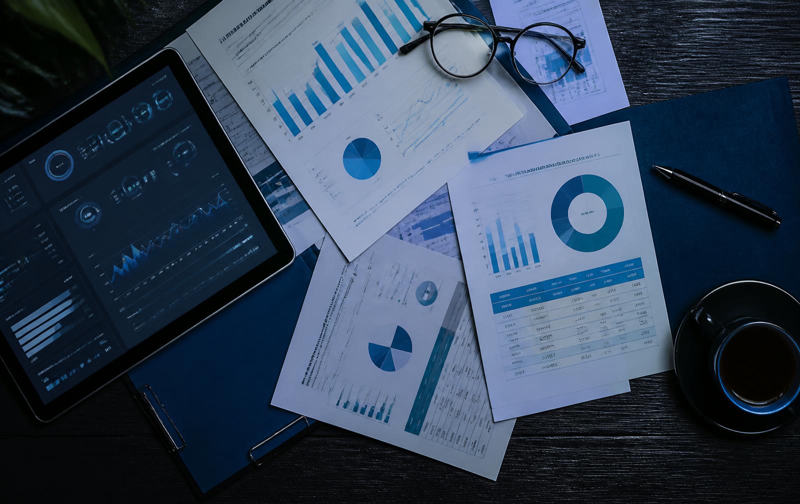 Printed operational reports, charts and a tablet on a desk