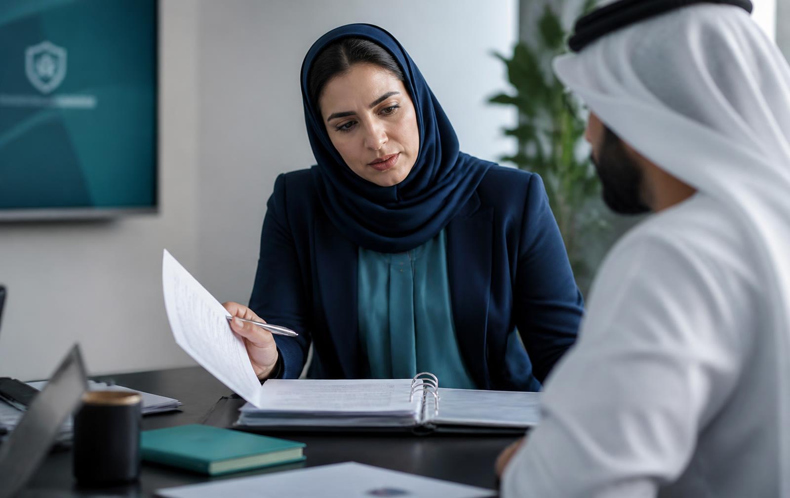 Two people reviewing a printed scope document and binder at a meeting table