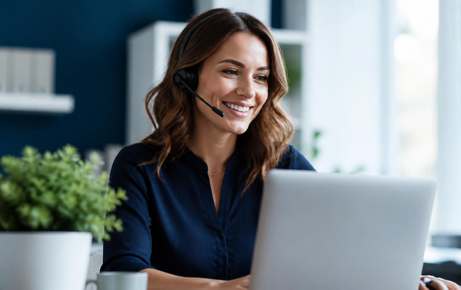 Support coordinator with a headset working at a desk
