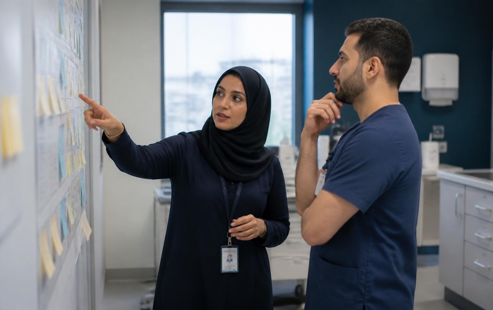 Two healthcare operations staff mapping an administrative workflow on a wall of notes